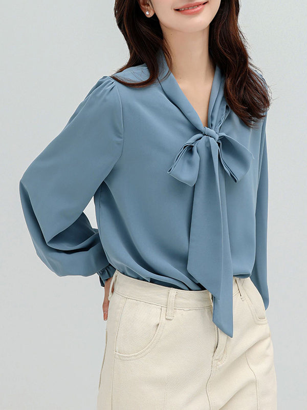 flowersverse Urban 4 Colors Split-Side Tied Puff Sleeves Blouse