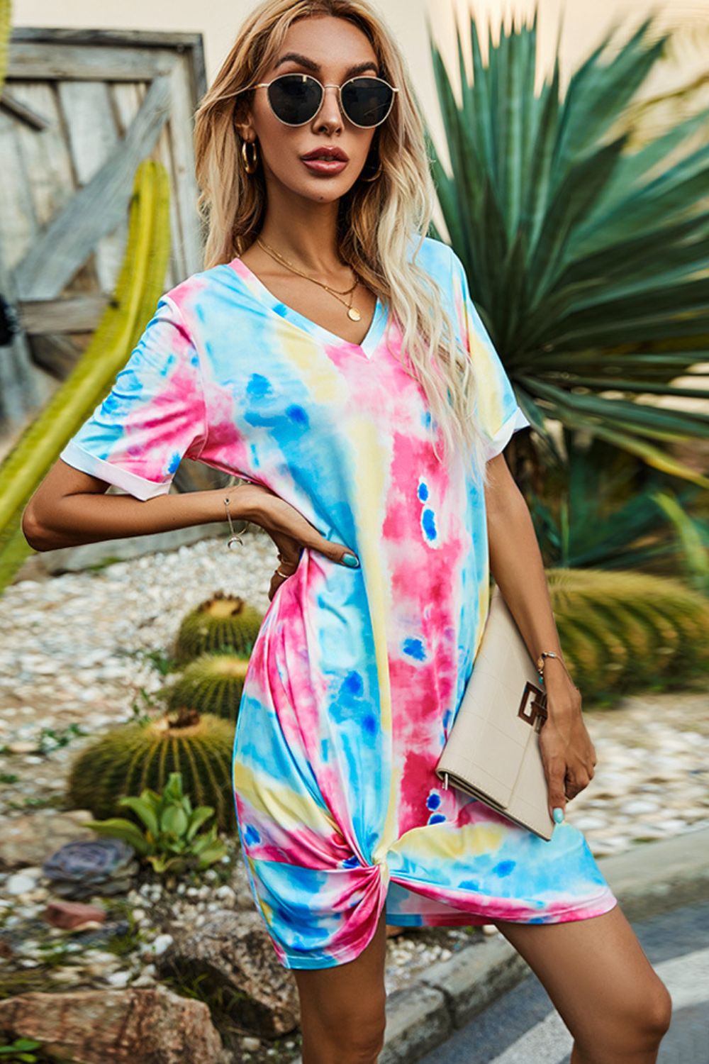 flowersverse Casual Twisted V-Neck Tie-Dye Short Sleeve Mini Dress