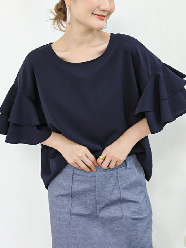 flowersverse Solid Color Flying Sleeves Loose Round-neck Blouses&shirts Tops