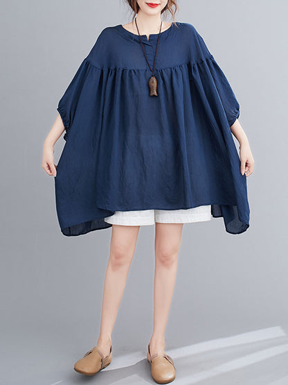 flowersverse Pleated See-Through Solid Color Half Sleeves Loose Round-neck Blouses&shirts Tops