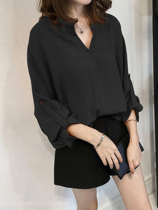 flowersverse Casual Long Sleeves Loose Solid Color V-Neck Blouses&Shirts Tops