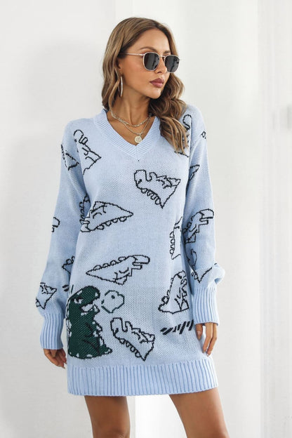 flowersverse Casual Dinosaur Pattern V-Neck Sweater Mini Dress