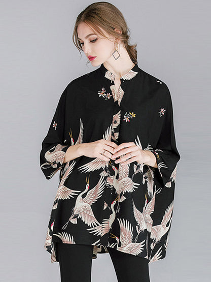 flowersverse Original Crane Printed Buttoned Stand Collar Half Sleeves Blouse