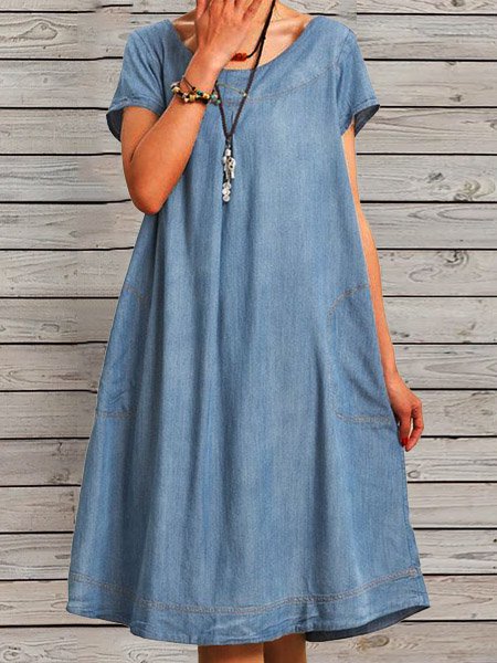 flowersverse Casual Denim A-Line Weaving Dress