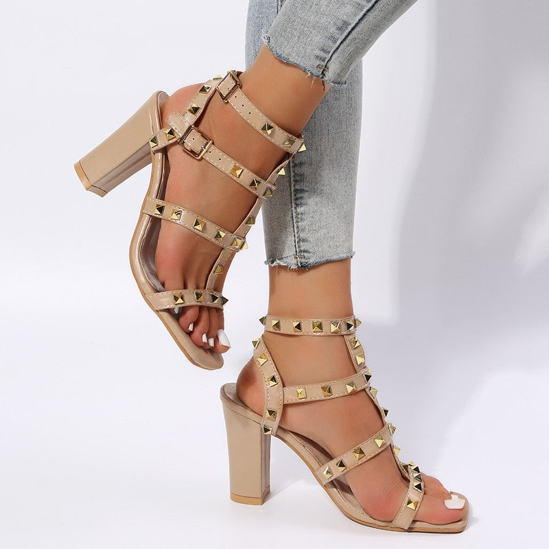 flowersverse Square-Toe Gladiator High Heels: Rivet Sandals for Women with Buckle Strap