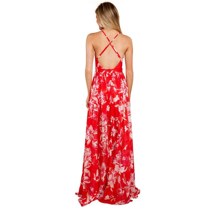 flowersverse European and American Deep V-Neck Back Chiffon Dress