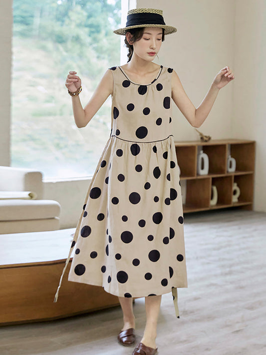 flowersverse Plus Size Women Summer Casual Dot Drawstring Linen Vest Dress
