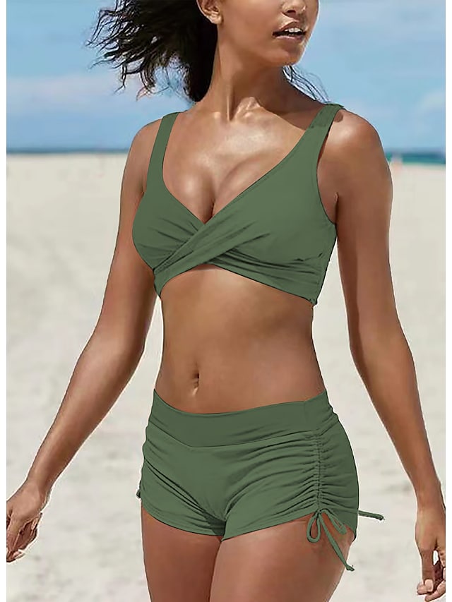 flowersverse Women's Swimwear Bikini Plus Size Swimsuit 2 Piece Camouflage Black Light Green Army Green Red Blue Bandeau Bathing Suits Sports Summer