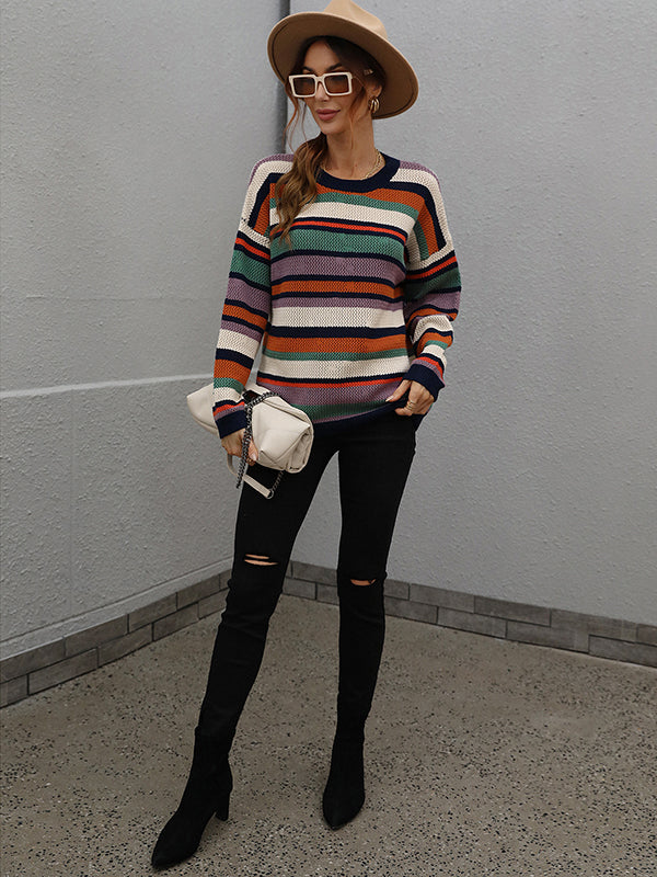 flowersverse Original Long Sleeves Loose Contrast Color Striped Round-Neck Sweater Tops