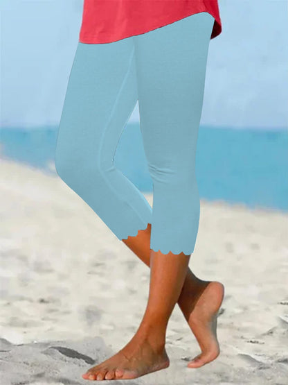 flowersverse Beach daily basic plain color patterned elastic waist high elastic burnt flower pants Plus Size