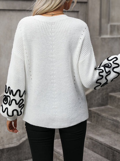 flowersverse Hollow Long Sleeves Loose Round-Neck Sweater Tops Pullovers Knitwear