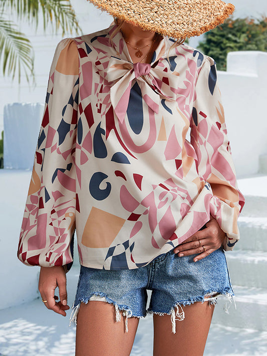 flowersverse Elasticity Printed Tied Bishop Sleeve Long Sleeves V-Neck Blouses&Shirts Tops
