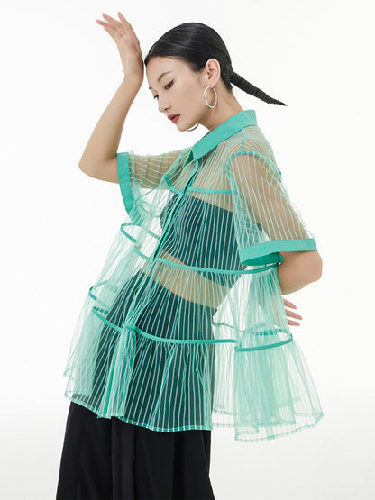 flowersverse Original Short Sleeves Loose Buttoned Mesh Pleated Solid Color Blouses&Shirts Tops