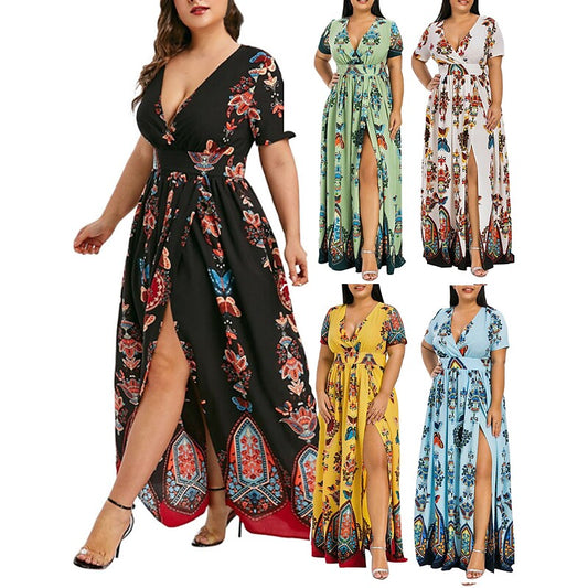 flowersverse Women's Plus Size Casual Dress A Line Dress Floral Butterfly Long Dress Maxi Dress Short Sleeve Split Print V Neck Basic Daily Black White Spring Summer XL XXL 3XL 4XL 5XL