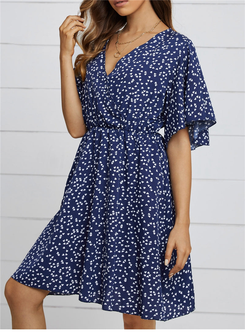 flowersverse Spring Summer Chiffon Dress Women V-Neck Love Dot Print Short Dresses Sweet Ruffle Sleeve Slim Ladies Drawstring Dress