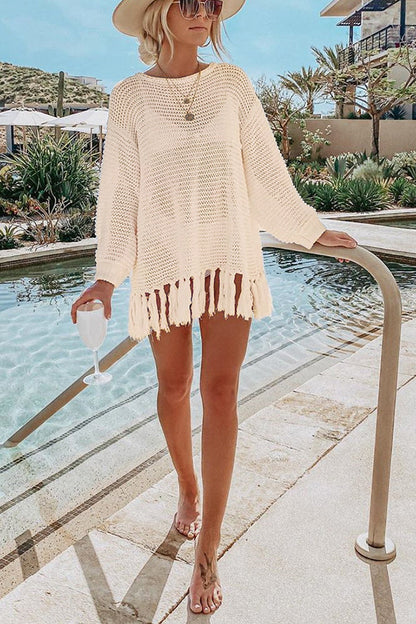 flowersverse Easy Breezy Knit Long Sleeve Tassel Cover Up