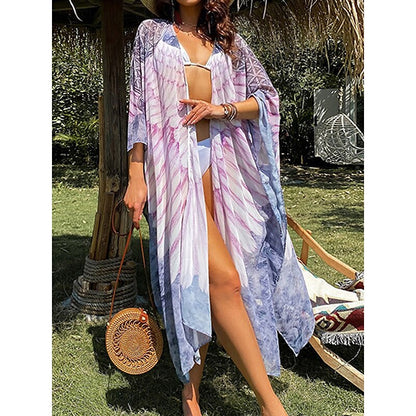 flowersverse Women's Cover Up Beach Dress Beach Wear Midi Dress Print Fashion Casual Graphic Open Front 3/4 Length Sleeve Loose Fit Outdoor Daily Pink Blue  Spring Summer One Size