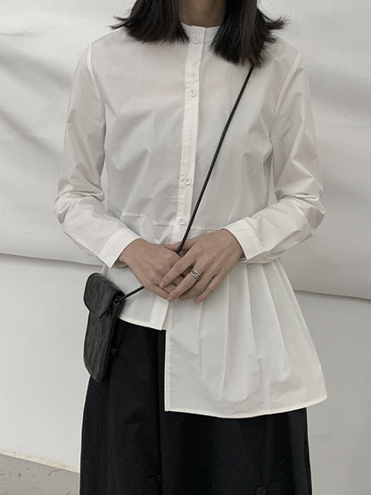 flowersverse Asymmetric Buttoned Pleated Solid Color Long Sleeves Round-Neck Blouses&Shirts Tops