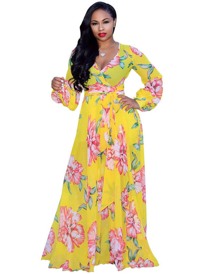 flowersverse Chiffon Floral Printed V Neck Wrap Boho Maxi Dresses