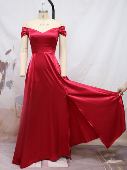 flowersverse Women's Sexy Off-neck Artificial Silk Skirt Wedding Bridesmaid Evening Dress