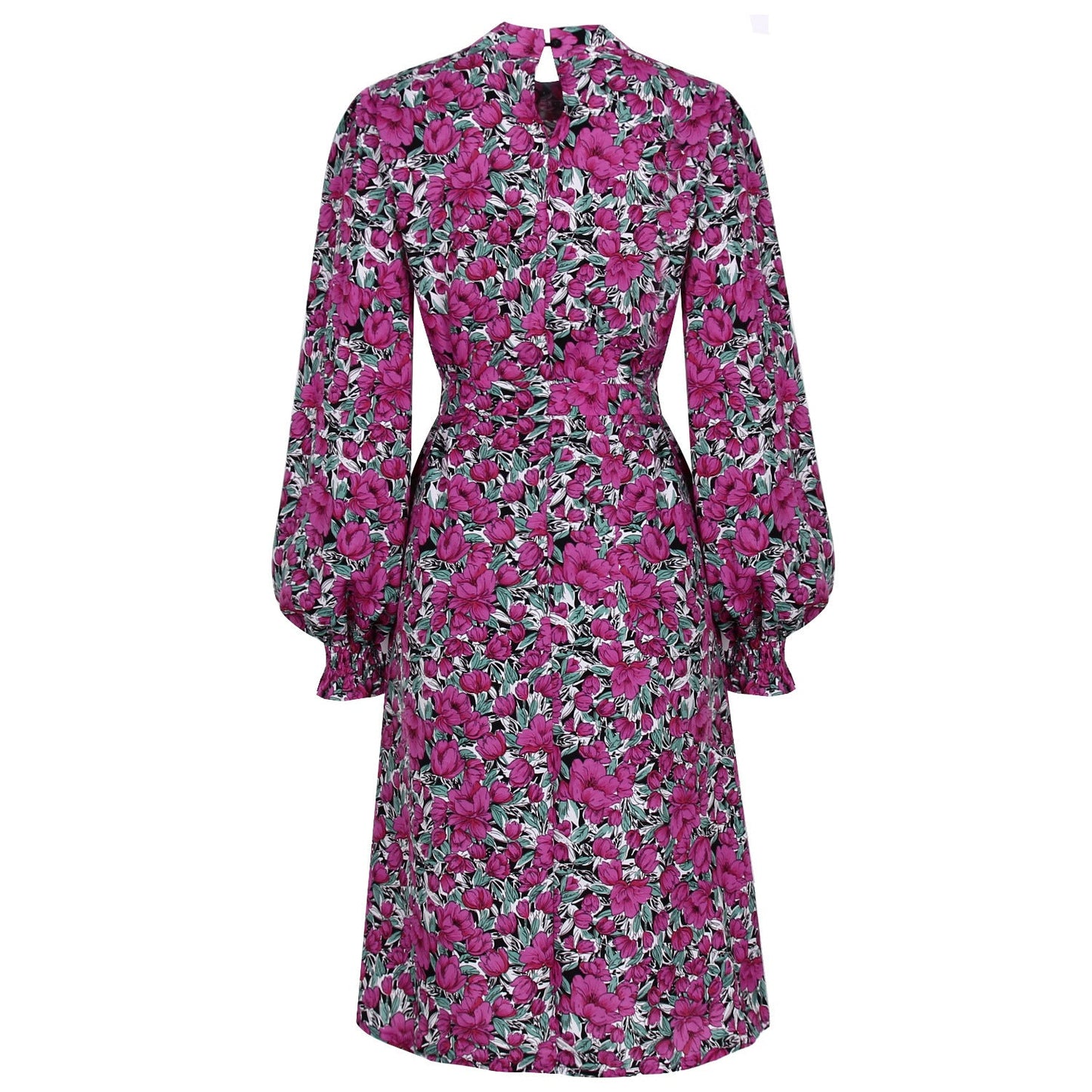 flowersverse Floral Stand Collar Lantern Long Sleeve Chiffon Dress