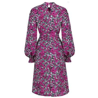 flowersverse Floral Stand Collar Lantern Long Sleeve Chiffon Dress