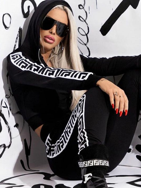 flowersverse Printing Hooded Zipper Jacket&High-Waisted Leggings Suits