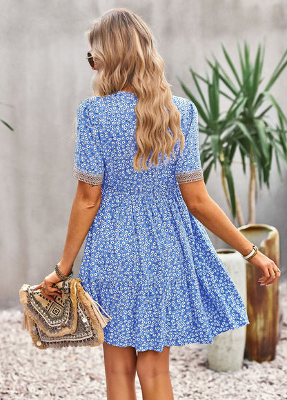 flowersverse Floral Buttoned Puff Sleeve Dress