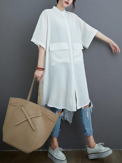 flowersverse Loose Split-Joint Hollow Solid Long Blouse