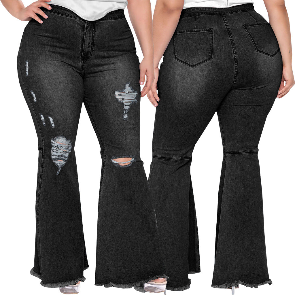 flowersverse Trendy Slim Wide Leg Ripped Plus Size Bell Bottom Denim Pants