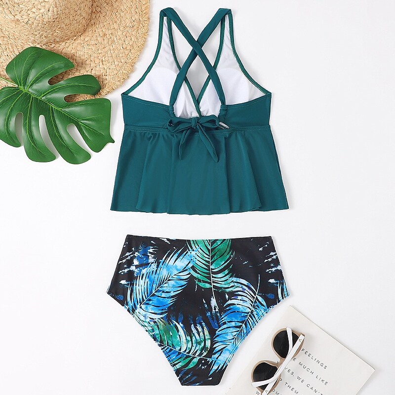 flowersverse Women's Swimwear Tankini 2 Piece Normal Swimsuit 2 Piece Palm Tree Black Blue Tank Top Bathing Suits Sports Summer