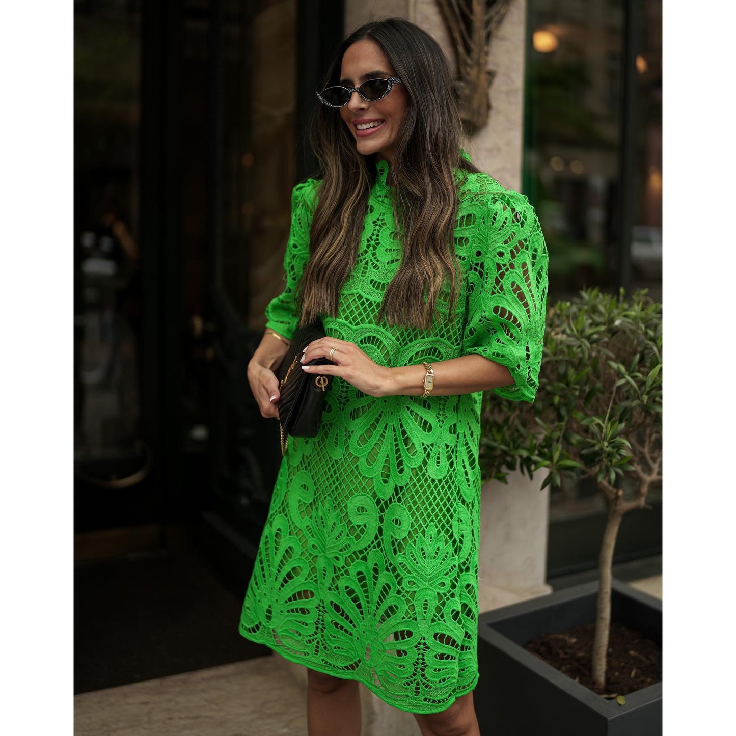 flowersverse Summer Stand Collar Half-Sleeve Loose Dress Casual Party Lace Dress