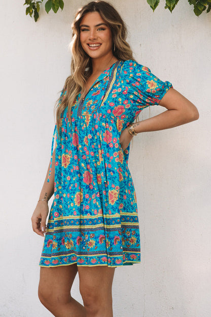 flowersverse Blue Floral Print Empire Waist Flowy Dress