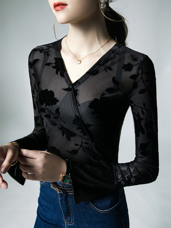 flowersverse Asymmetric Buttoned Flower Print Mesh See-Through Flared Sleeves Long Sleeves V-neck Blouses&shirts Tops