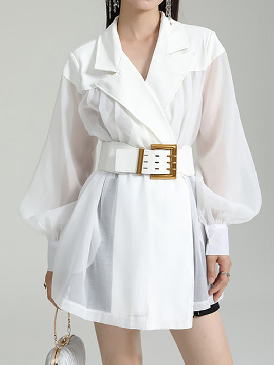flowersverse See-Through Split-Joint Tied Waist Loose Puff Sleeves Lapel Blouses&Shirts Tops