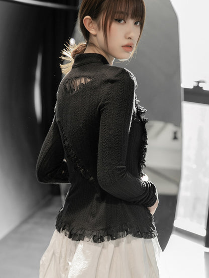 flowersverse Stylish Asymmetric Buttoned Hollow Lace Stand Collar Long Sleeves Knitwear Cardigan