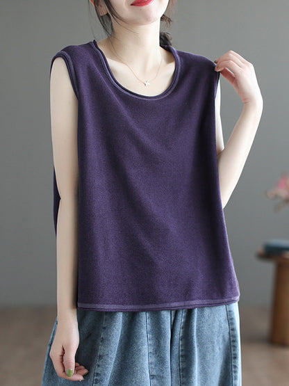 flowersverse Solid Color Loose Sleeveless Round-neck Knitting Vest Top