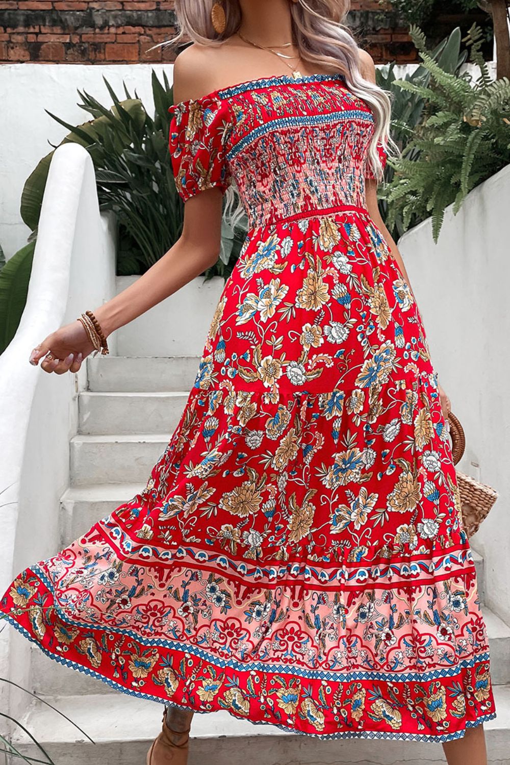 flowersverse Spartan Princess Floral Off-Shoulder Smocked Midi Dress