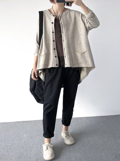 flowersverse Casual Loose Buttoned 8 Colors High-Low Round-Neck Long Sleeves Cardigan Tops