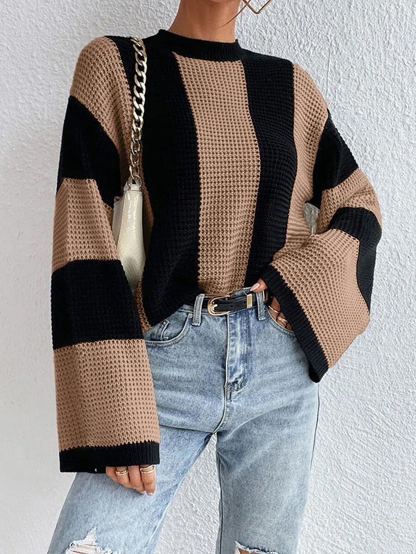 flowersverse Contrast Color Striped Flared Sleeves Round-Neck Sweater Tops Pullovers