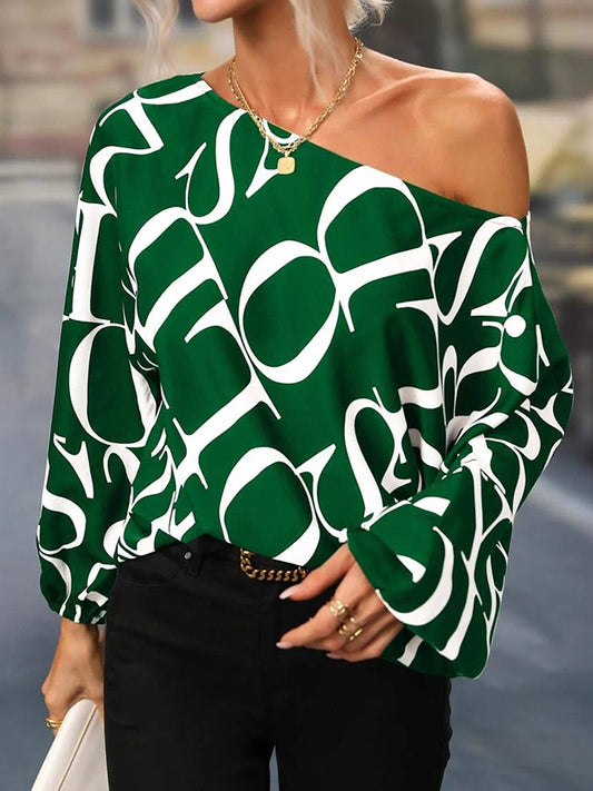 flowersverse Asymmetric Letter Print Long Sleeves Loose One-Shoulder Blouses&Shirts Tops