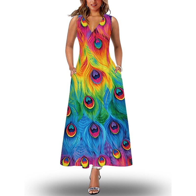 flowersverse Women's Long Dress Maxi Dress Casual Dress Shift Dress Print Dress Floral Butterfly Peacock Fashion Casual Daily Going out Beach Print Sleeveless V Neck Dress Loose Fit Black White Light Green Spring