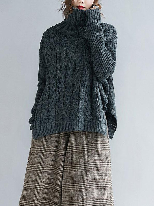flowersverse Cable- Knit High-neck Solid Loose Sweater
