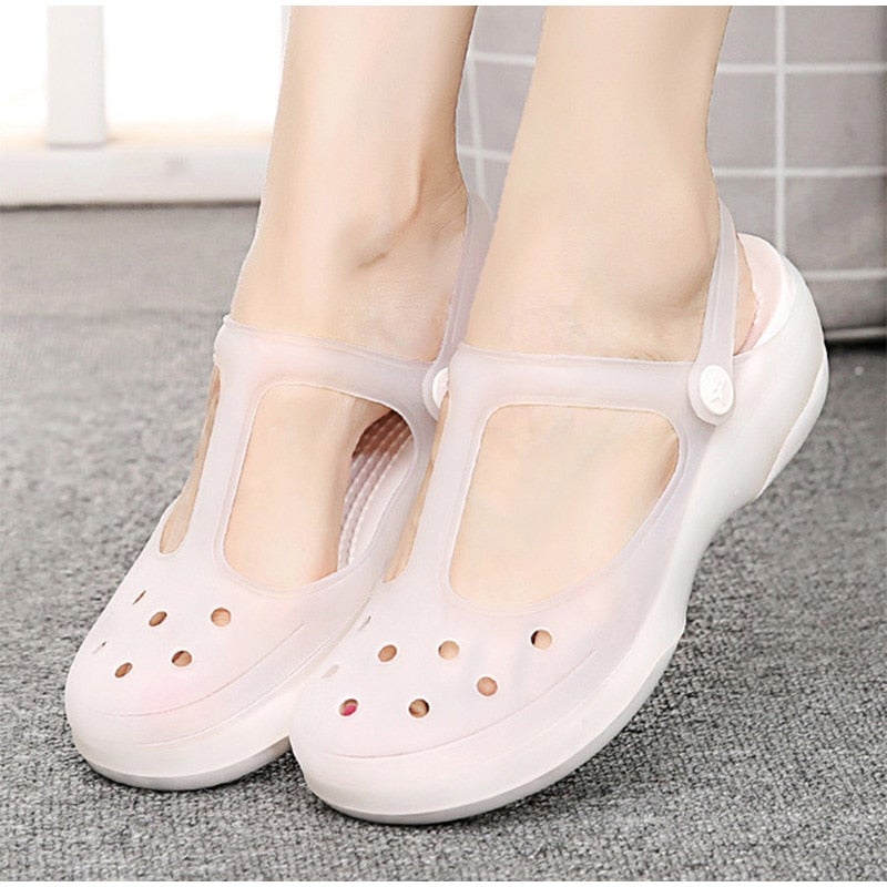 flowersverse Summer Women Sandals Jelly Flat Shoes Waterproof Female Ankle Buckle Slippers Soft Light Slides Comfortable Beach Shoes