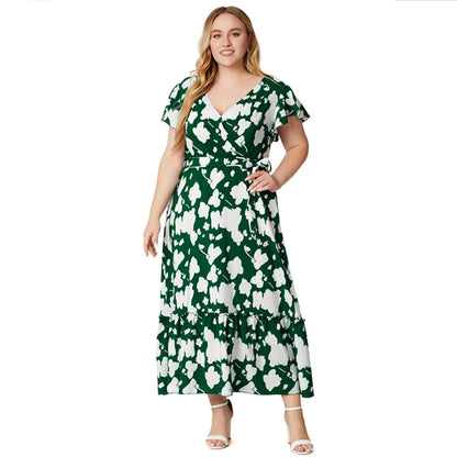 flowersverse Summer Plus Size Women's V-Neck Print Dress