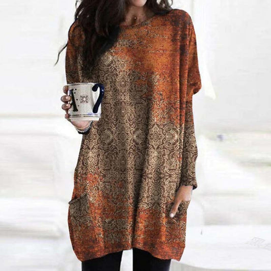 flowersverse Women's Casual Dress Ethnic Dress Mini Dress Orange Long Sleeve Flower Pocket Winter Fall Spring Crew Neck Fashion Daily Vacation Spring Dress Loose Fit  S M L XL XXL 3XL