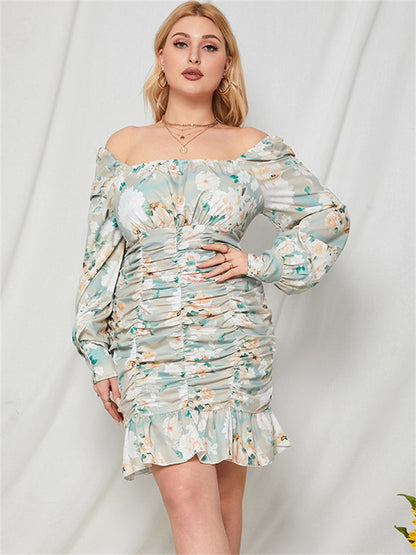 flowersverse French Floral U-Neck Off-The-Shoulder Plus Size Dress In Summer Long Sleeve Hip Skirt