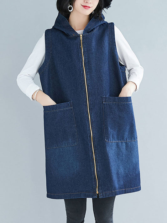 flowersverse Casual Zipper Sleeveless Denim Vest Hooded Outerwear