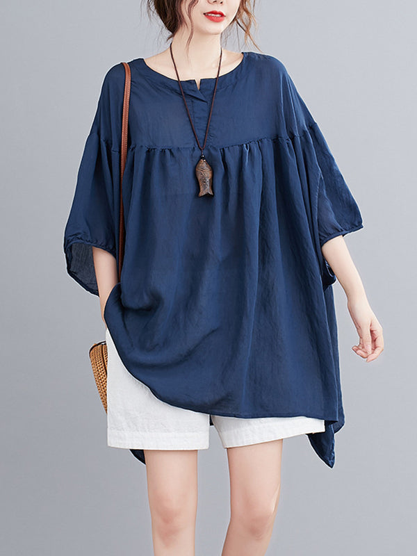 flowersverse Pleated See-Through Solid Color Half Sleeves Loose Round-neck Blouses&shirts Tops