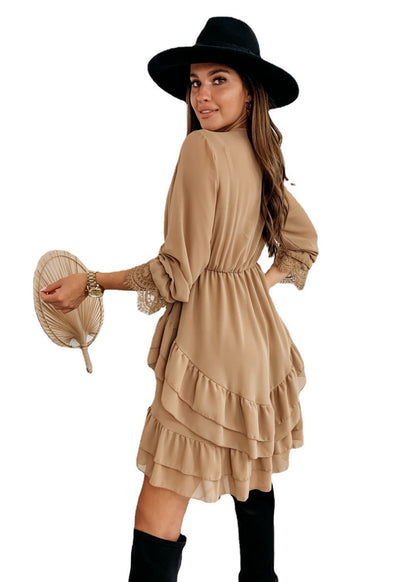 flowersverse Turtleneck Long Sleeve V-Neck Ruffle Skirt Chiffon Dress